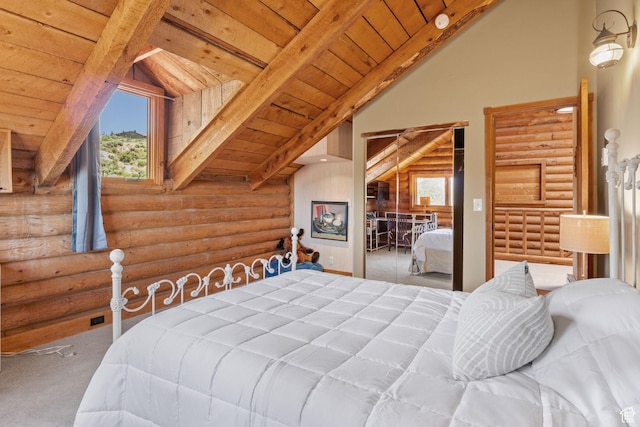 6385 Mountain View Dr, Park City, UT 84098 - bedroom with rustic walls, carpet flooring, a wooden ceiling with exposed beams, and high vaulted ceiling