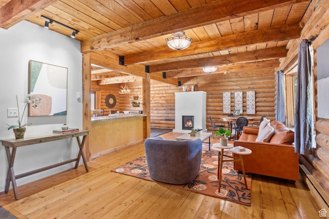 6385 Mountain View Dr, Park City, UT 84098 - living room featuring a wooden ceiling with exposed beams, a baseboard heating unit, hardwood / wood-style floors, a lit fireplace, and rustic walls