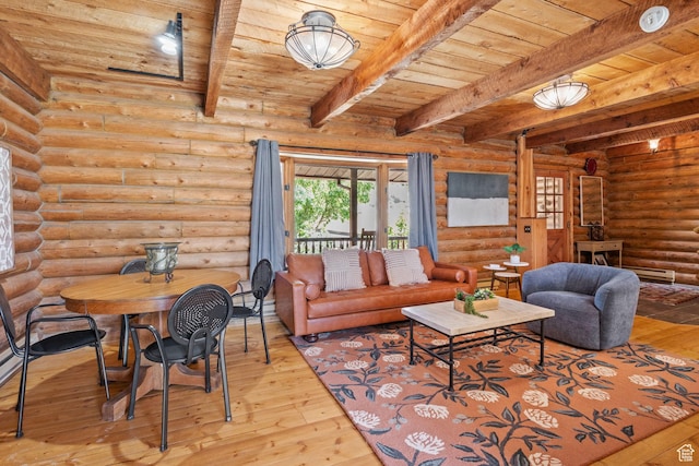 6385 Mountain View Dr, Park City, UT 84098 - living room featuring hardwood / wood-style flooring, rustic walls, and a wooden ceiling with exposed beams