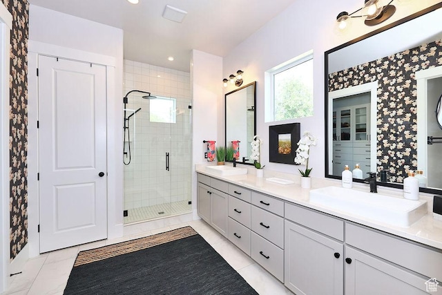 7817 S Danish Pine Ln Unit 101, Cottonwood Heights, UT 84121 - full bath featuring a shower stall, double vanity, wallpapered walls, and recessed lighting