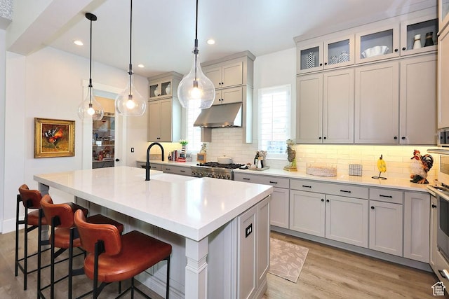 7817 S Danish Pine Ln Unit 101, Cottonwood Heights, UT 84121 - kitchen with under cabinet range hood, decorative backsplash, a kitchen island with sink, light wood-style floors, and a kitchen breakfast bar