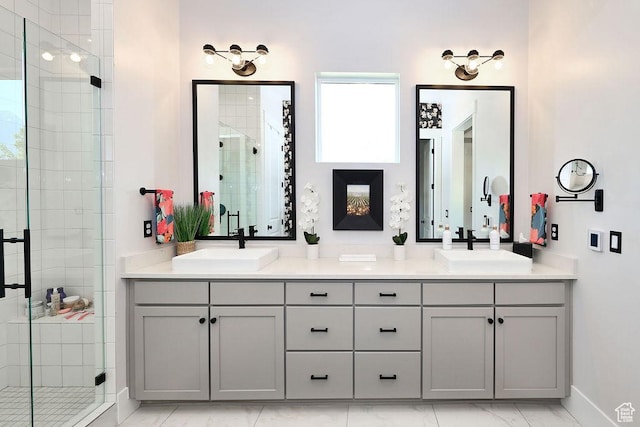 7817 S Danish Pine Ln Unit 101, Cottonwood Heights, UT 84121 - full bath with a shower stall, double vanity, and marble finish floors