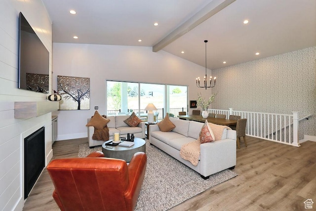 7817 S Danish Pine Ln Unit 101, Cottonwood Heights, UT 84121 - living area with a chandelier, light wood-style flooring, a large fireplace, and recessed lighting
