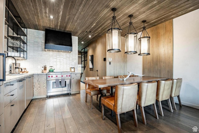 7394 E Moon Light Dr Unit 326A, Heber City, UT 84032 - kitchen featuring extractor fan, premium stove, wood ceiling, wood-type flooring, and decorative light fixtures