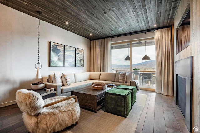 7394 E Moon Light Dr Unit 326A, Heber City, UT 84032 - living room with wooden ceiling, wood-type flooring, a fireplace, and recessed lighting