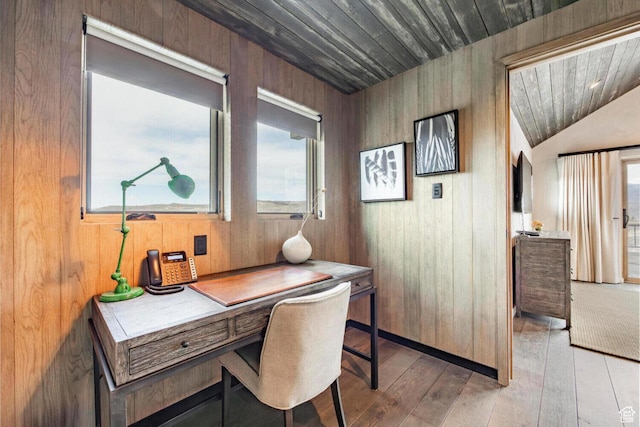 7394 E Moon Light Dr Unit 326A, Heber City, UT 84032 - office area featuring plenty of natural light, light wood-style flooring, wooden ceiling, wooden walls, and vaulted ceiling