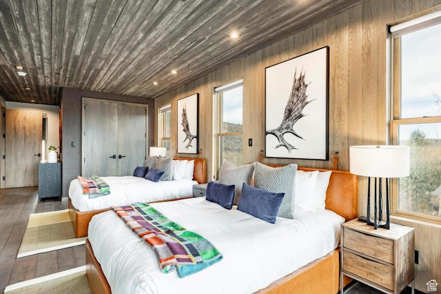 7394 E Moon Light Dr Unit 326A, Heber City, UT 84032 - bedroom featuring multiple windows, wood walls, wood finished floors, recessed lighting, and wooden ceiling