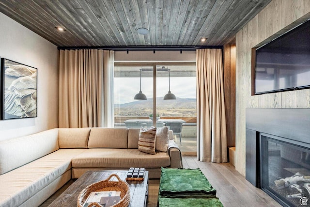 7394 E Moon Light Dr Unit 326A, Heber City, UT 84032 - living room with wood finished floors, wood ceiling, a glass covered fireplace, and recessed lighting