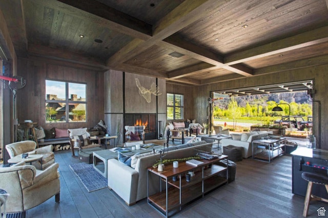 7394 E Moon Light Dr Unit 326A, Heber City, UT 84032 - living room featuring wooden walls, a wooden ceiling with exposed beams, coffered ceiling, hardwood / wood-style floors, and a lit fireplace