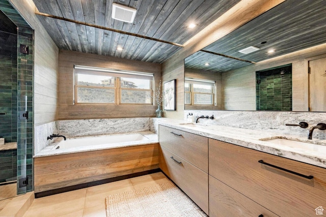 7394 E Moon Light Dr Unit 326A, Heber City, UT 84032 - full bathroom featuring double vanity, a bath, a shower stall, tile patterned flooring, and wood ceiling