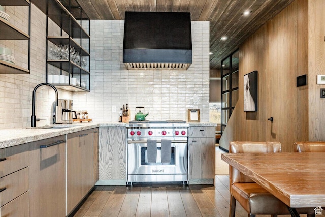 7394 E Moon Light Dr Unit 326A, Heber City, UT 84032 - kitchen featuring exhaust hood, premium stove, wood ceiling, open shelves, and dark wood-style flooring