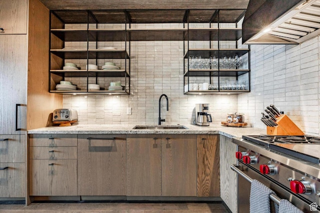 7394 E Moon Light Dr Unit 326A, Heber City, UT 84032 - kitchen featuring custom exhaust hood, stainless steel range, decorative backsplash, and open shelves