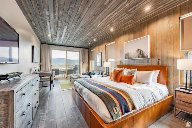 7394 E Moon Light Dr Unit 326A, Heber City, UT 84032 - bedroom with access to outside, wooden ceiling, wood-type flooring, wood walls, and a mountain view