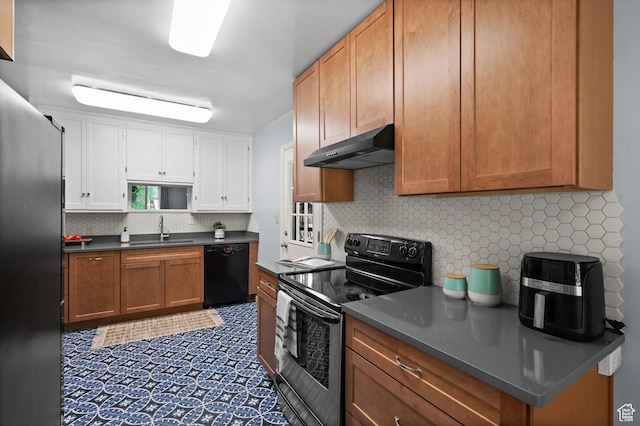 817 N Catherine St, Salt Lake City, UT 84116 - kitchen featuring appliances with stainless steel finishes, under cabinet range hood, dark countertops, decorative backsplash, and white cabinets