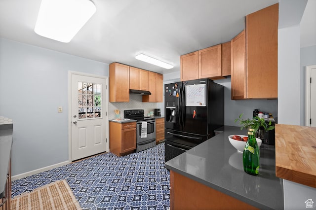 817 N Catherine St, Salt Lake City, UT 84116 - kitchen featuring stainless steel electric range oven, black refrigerator with ice dispenser, and under cabinet range hood