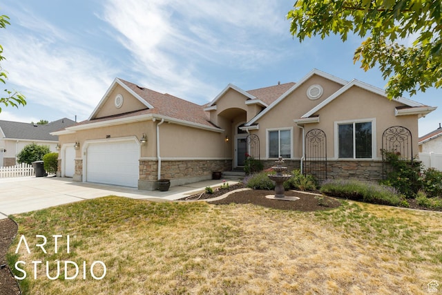 1209 N 1120 W, Clinton, UT 84015 - ranch-style house featuring stucco siding, stone siding, a garage, and driveway