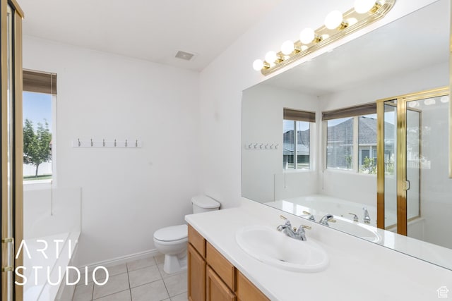 1209 N 1120 W, Clinton, UT 84015 - full bathroom featuring a bath, vanity, tile patterned flooring, and a stall shower