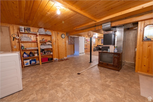 115 N Main St, Malad City, ID 83252 - living area featuring wooden walls, washer / clothes dryer, tile patterned floors, and wooden ceiling