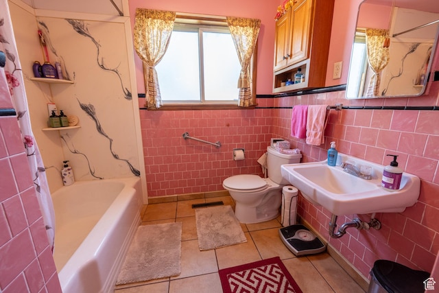 115 N Main St, Malad City, ID 83252 - bathroom featuring tile patterned flooring, tile walls, shower / bathtub combination with curtain, and wainscoting