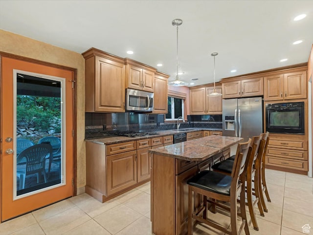 3645 E Fortuna Cir, Salt Lake City, UT 84124 - kitchen featuring black appliances, light tile patterned flooring, dark stone countertops, backsplash, and recessed lighting