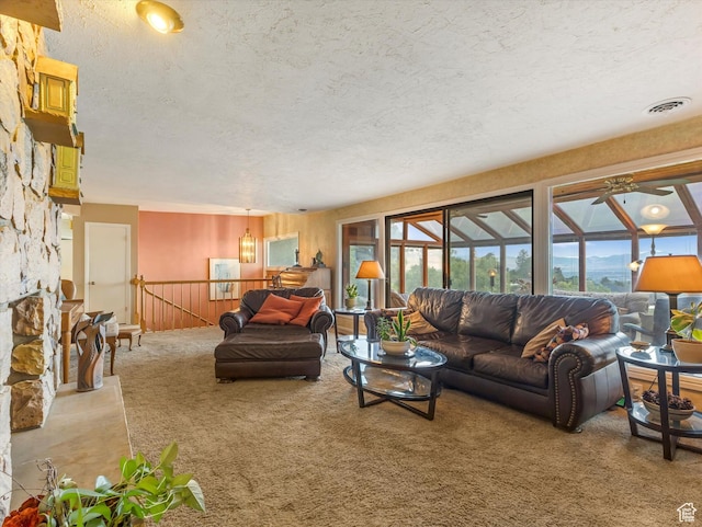 3645 E Fortuna Cir, Salt Lake City, UT 84124 - carpeted living room featuring a textured ceiling, healthy amount of natural light, and a ceiling fan