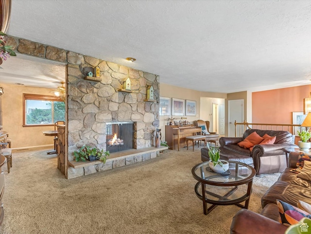 3645 E Fortuna Cir, Salt Lake City, UT 84124 - living area with a textured ceiling, carpet flooring, and a stone fireplace