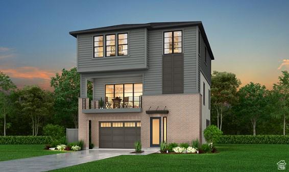 2791 N 3930 W, Lehi, UT 84043 - contemporary home featuring a balcony, a yard, concrete driveway, an attached garage, and brick siding