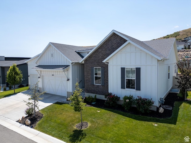 4821 W Juniper Bend Cir Unit 101, Herriman, UT 84096 - modern farmhouse style home with board and batten siding, an attached garage, roof with shingles, and driveway