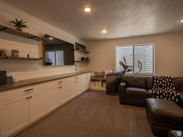 4821 W Juniper Bend Cir Unit 101, Herriman, UT 84096 - living room featuring a textured ceiling, dark colored carpet, plenty of natural light, and recessed lighting