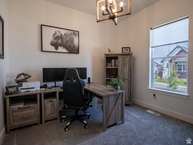4821 W Juniper Bend Cir Unit 101, Herriman, UT 84096 - office area with a chandelier and carpet floors