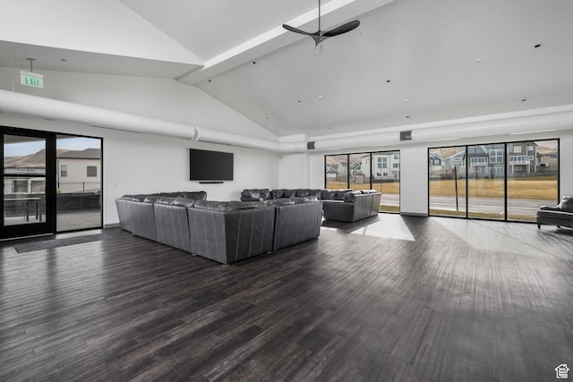 4821 W Juniper Bend Cir Unit 101, Herriman, UT 84096 - living room featuring wood finished floors, ceiling fan, and high vaulted ceiling