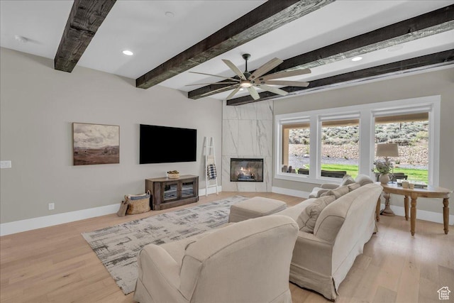 385 E Entrada Dr, Virgin, UT 84779 - living area featuring a ceiling fan, beam ceiling, light wood finished floors, a fireplace, and recessed lighting