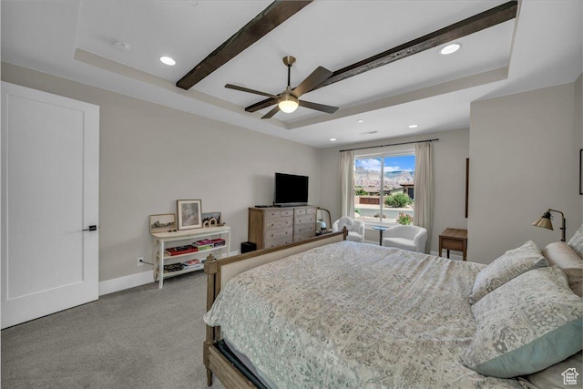 385 E Entrada Dr, Virgin, UT 84779 - carpeted bedroom with recessed lighting, a ceiling fan, a raised ceiling, and beam ceiling