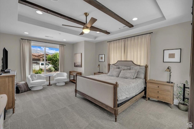 385 E Entrada Dr, Virgin, UT 84779 - bedroom featuring light colored carpet, a tray ceiling, recessed lighting, and ceiling fan