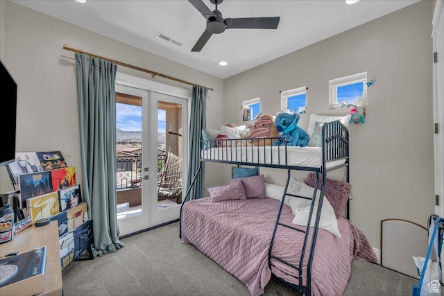 385 E Entrada Dr, Virgin, UT 84779 - bedroom featuring french doors, carpet floors, access to exterior, recessed lighting, and a ceiling fan