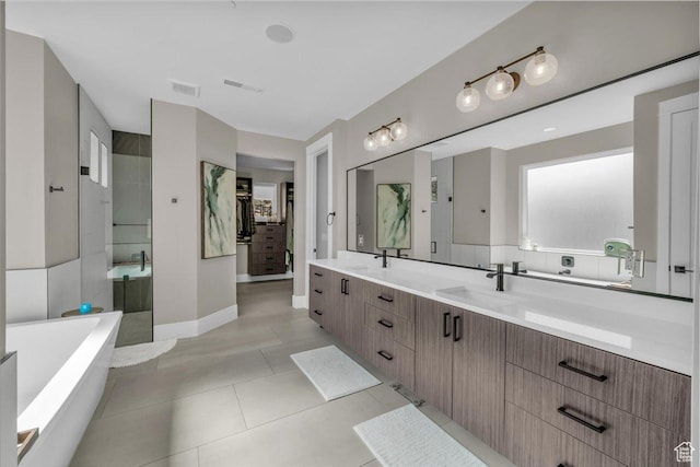 385 E Entrada Dr, Virgin, UT 84779 - bathroom featuring a soaking tub, double vanity, an enclosed shower, and tile patterned floors