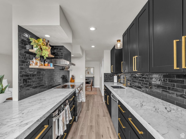 777 E S Temple Unit 5A, Salt Lake City, UT 84102 - kitchen with stainless steel appliances, decorative backsplash, open shelves, light wood-type flooring, and light stone counters
