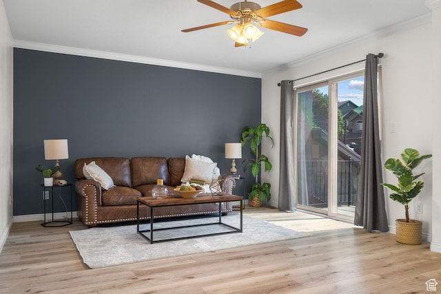 10574 N Sage Vista Ln, Cedar Hills, UT 84062 - living room with crown molding, wood finished floors, and ceiling fan