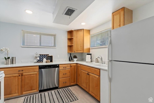 2268 E 7160 S, Cottonwood Heights, UT 84121 - kitchen featuring freestanding refrigerator, stainless steel dishwasher, light countertops, recessed lighting, and open shelves