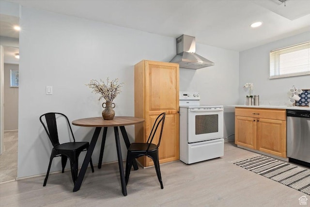 2268 E 7160 S, Cottonwood Heights, UT 84121 - kitchen with white range with electric cooktop, wall chimney exhaust hood, stainless steel dishwasher, light wood-type flooring, and recessed lighting