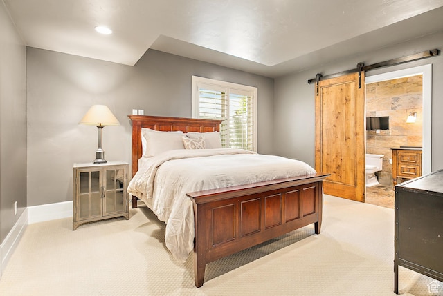 1095 N 700 W, American Fork, UT 84003 - bedroom featuring light carpet, a barn door, and ensuite bath