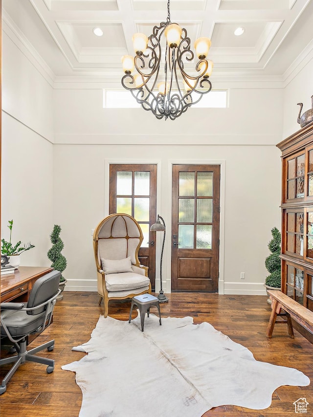 1095 N 700 W, American Fork, UT 84003 - home office with coffered ceiling, a towering ceiling, a chandelier, ornamental molding, and wood finished floors