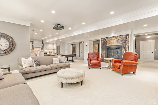 1095 N 700 W, American Fork, UT 84003 - living area featuring recessed lighting, crown molding, a high end fireplace, and light carpet