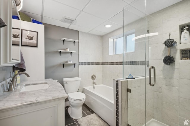 5964 S 610 W, Murray, UT 84123 - full bathroom featuring vanity, tiled shower, a bathtub, tile patterned floors, and recessed lighting