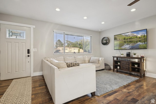 5964 S 610 W, Murray, UT 84123 - living area featuring plenty of natural light, recessed lighting, dark wood-style flooring, and a ceiling fan