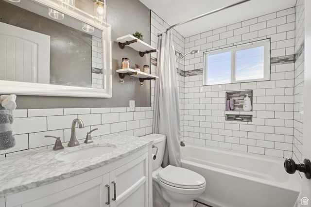 5964 S 610 W, Murray, UT 84123 - bathroom featuring tile walls, shower / bathtub combination with curtain, and vanity