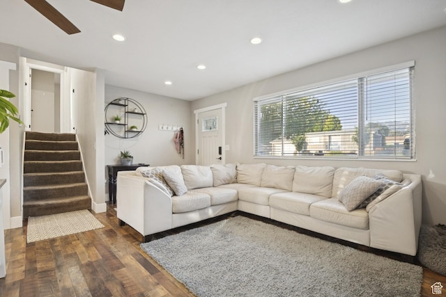5964 S 610 W, Murray, UT 84123 - living area with recessed lighting, dark wood finished floors, a ceiling fan, and stairs