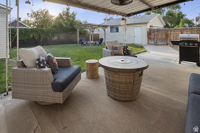 5964 S 610 W, Murray, UT 84123 - fenced backyard featuring a pergola, a patio area, an outdoor structure, and area for grilling