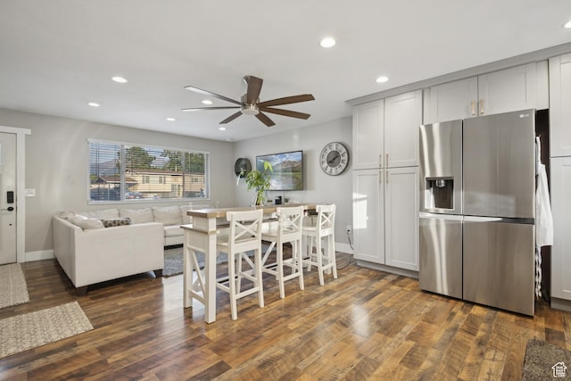 5964 S 610 W, Murray, UT 84123 - kitchen with stainless steel refrigerator with ice dispenser, a ceiling fan, dark wood-style flooring, recessed lighting, and open floor plan
