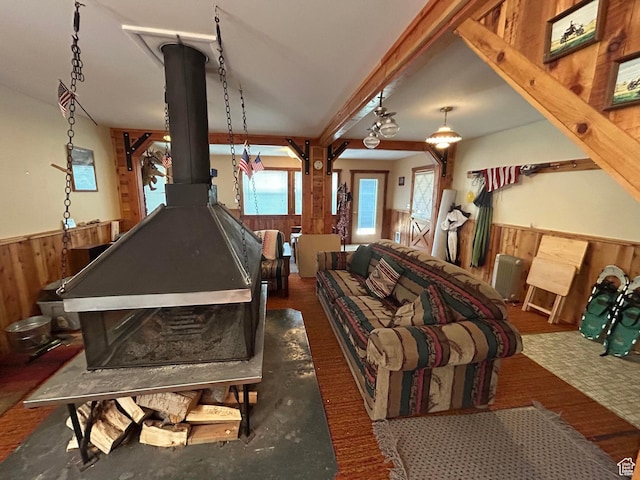 468 E Trail Rd, Brian Head, UT 84719 - miscellaneous room with wainscoting, wooden walls, and a wood stove